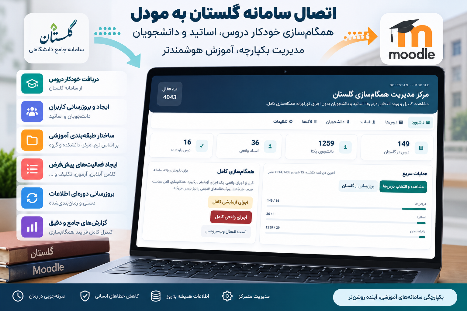 افزونه اتصال سامانه گلستان به مودل | همگام‌سازی خودکار دروس، اساتید و دانشجویان